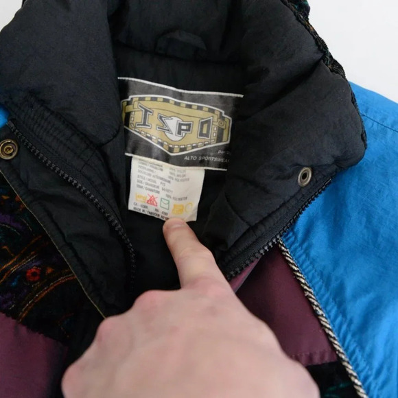 Vintage 90's ISPO Blue & Black Patchwork Funky Puffer Zip Up Winter Jacket S - Picture 13 of 15